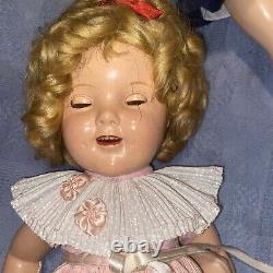 13 compo. Sgnd. Ideal Shirley Temple doll, original wig, tdress, clear eyes