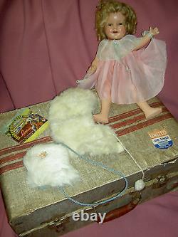 13 compo. Sgnd. Ideal Shirley Temple doll, original wig, tgd. Dress, clear eyes