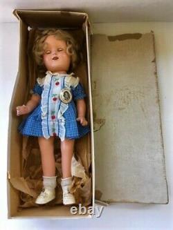 1930's SHIRLEY TEMPLE 16 COMPOSITION DOLL IN RARE ORIG BLUE CHECK CHERRY DRESS