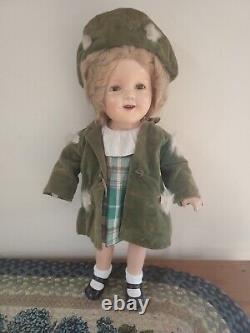 1934 Ideal 19 Composition Shirley Temple Doll in Green Plaid with Coat & Hat