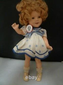 Early Ideal Composition Shirley Temple Doll 13 Rare Blue white dress and BADGE