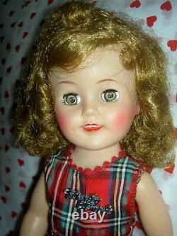 Gorgeous, 1957 Ideal, 15 vinyl Shirley Temple doll, tagged outfit & script pin