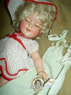 Ideal Shirley Temple 13 compo. Doll, TWO orig. Tagged outfits, pin, wig & TRUNK