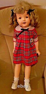 Vintage 27 Shirley Temple Doll Composition with Plaid Dress & Button