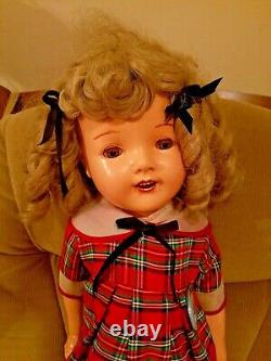 Vintage 27 Shirley Temple Doll Composition with Plaid Dress & Button