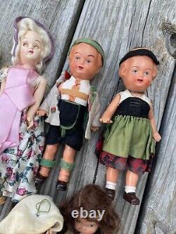 Vintage Mixed Doll Lot With Clothes Rolling Eyes German Dutch