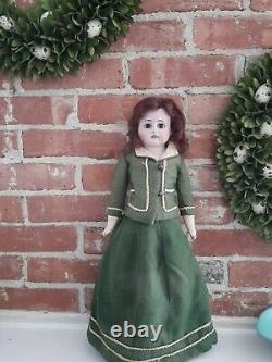 Vintage Porcelain/Cloth/Leather Doll Vintage In Green Outfit 1900 Horseshoe