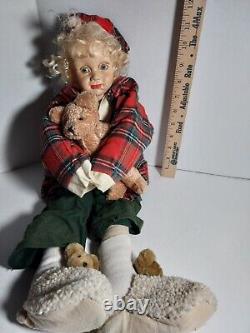 Vintage Porcelain Head Doll In Flannel Sleepwear Teddy Bear And Slippers Unique
