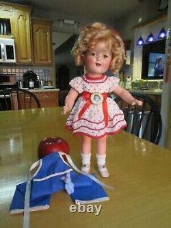 Vintage Shirley Temple composition doll, extra romper, pin, 16 AS-IS